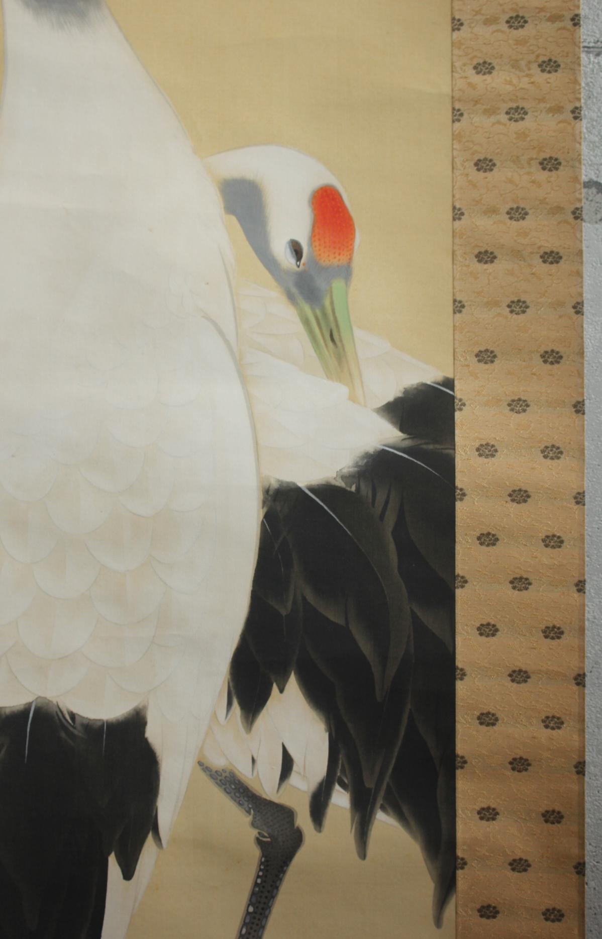 Japanese Antiques Hanging scroll, silk, crane For Sale 1