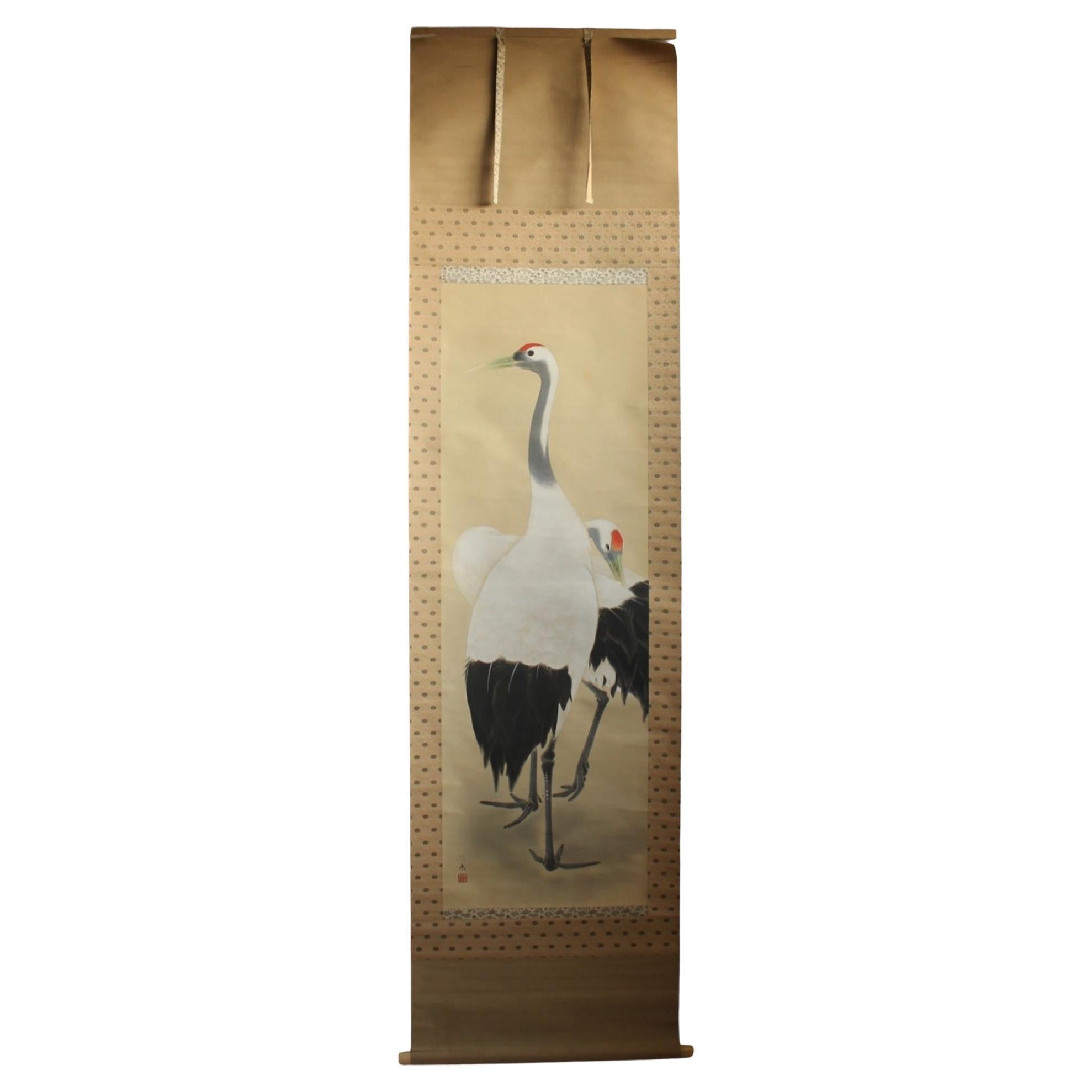 Antiquités japonaises Rouleau suspendu, soie, Crane