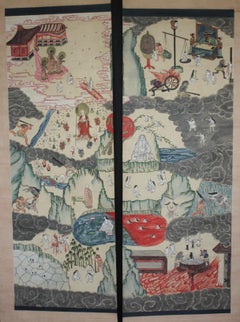 Japanese Antiques Hell paintings, pair of hanging scrolls Kakejiku
