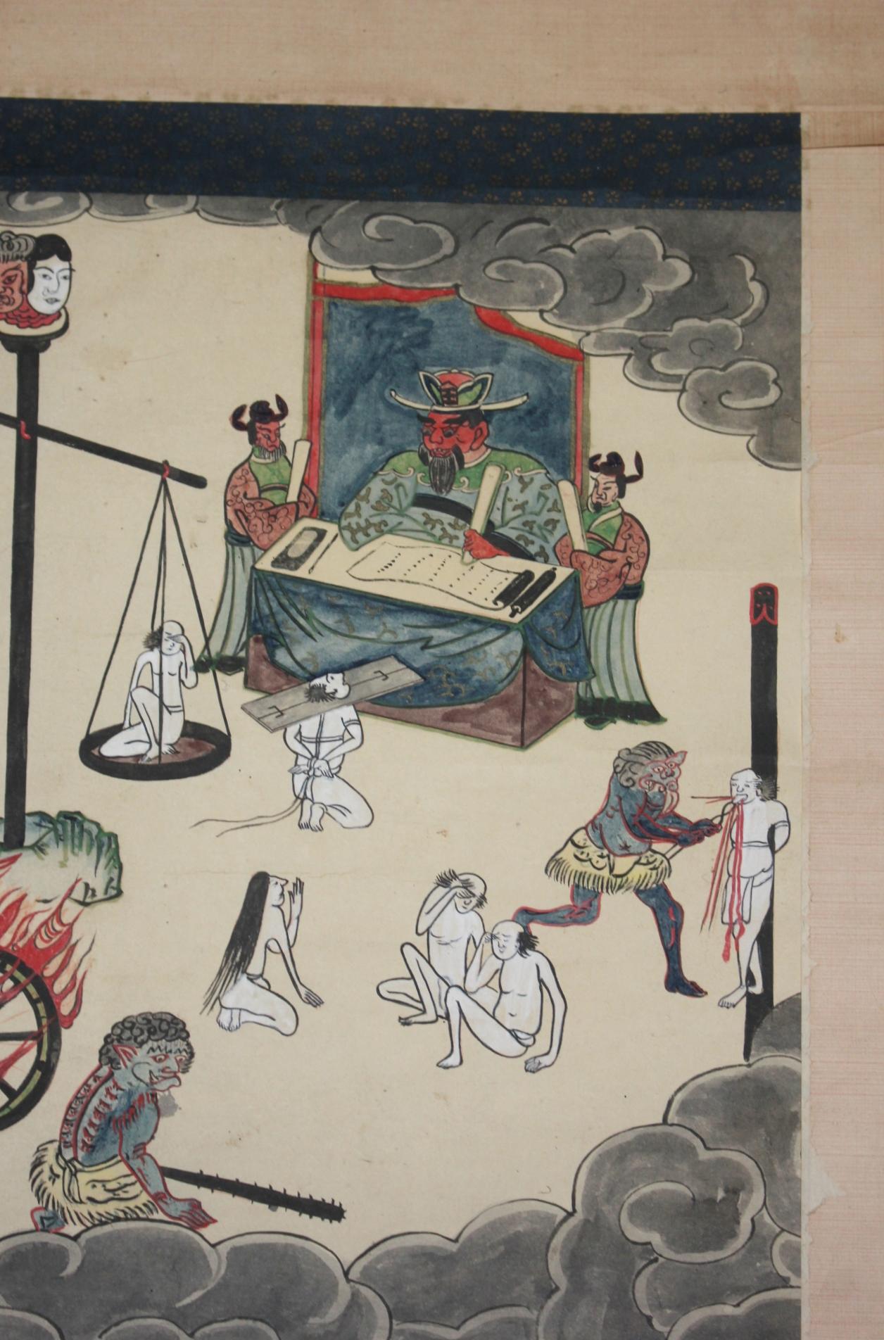 Japanische Antiquitäten Hell-Gemälde, Paar hängende Schriftrollen Kakejiku im Angebot 3