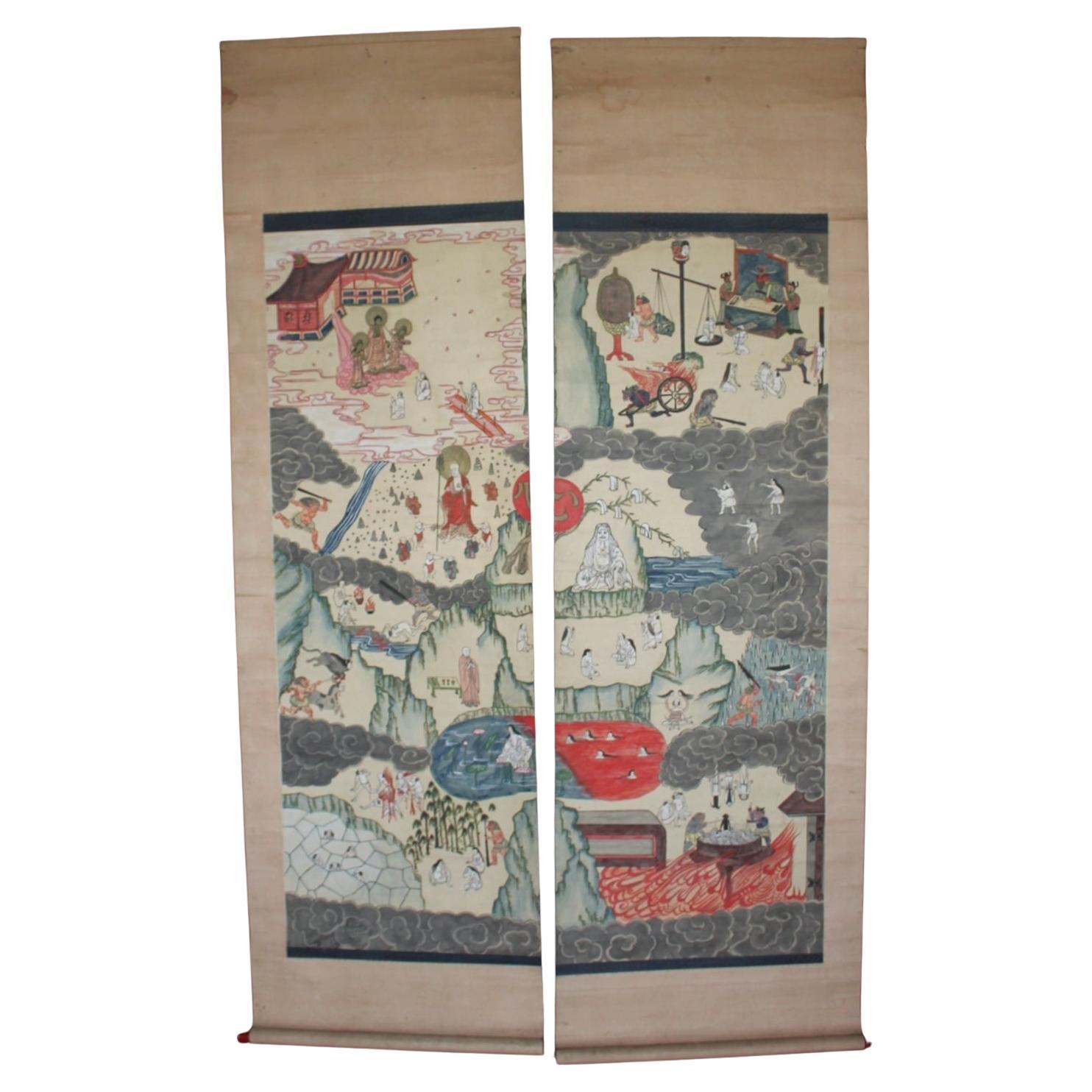 Japanese Antiques Hell paintings, pair of hanging scrolls Kakejiku