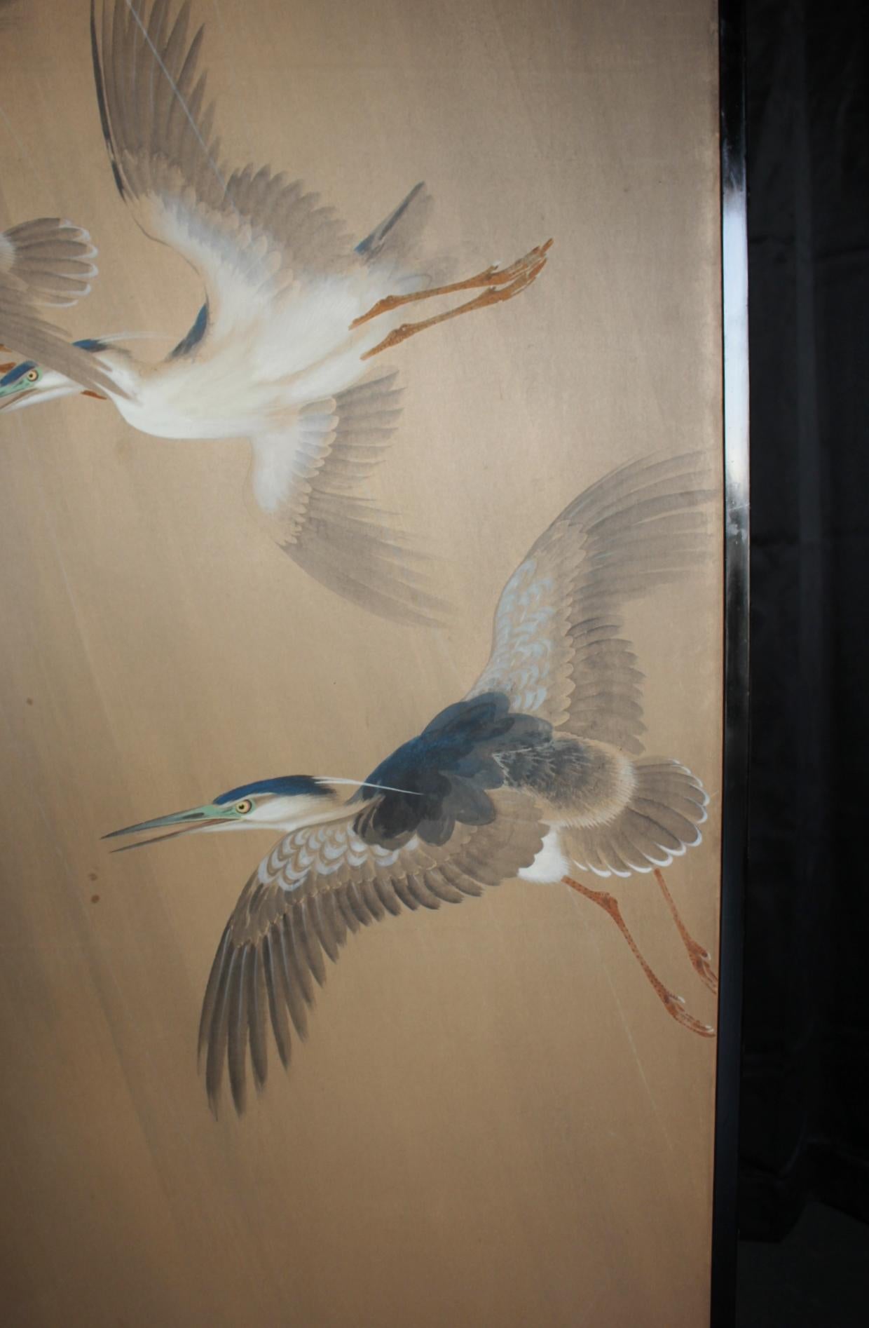 Japanese Antiques 2panels, Heron Folding Screen by Shugo Hotta For Sale 1