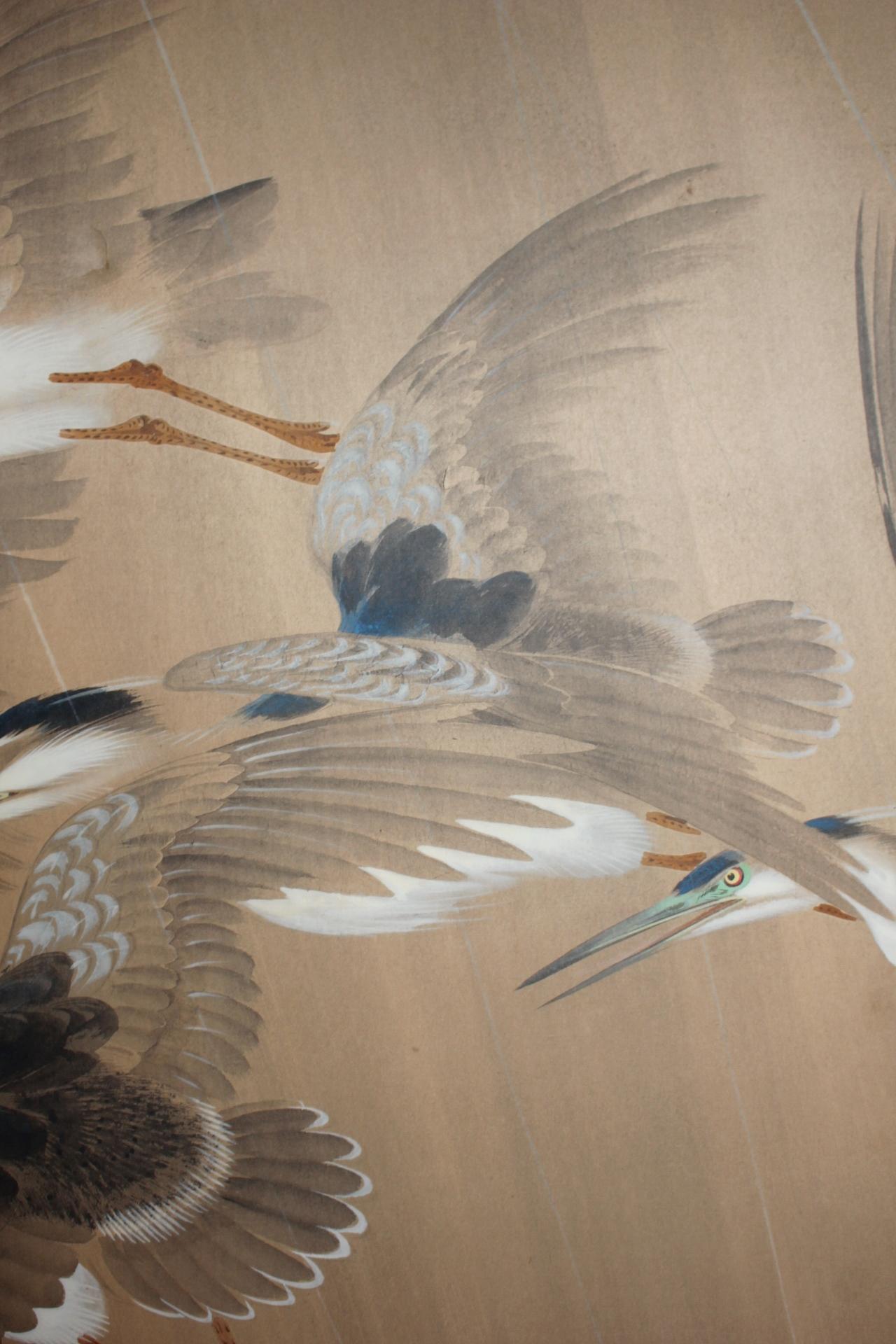 Paper Japanese Antiques 2panels, Heron Folding Screen by Shugo Hotta For Sale