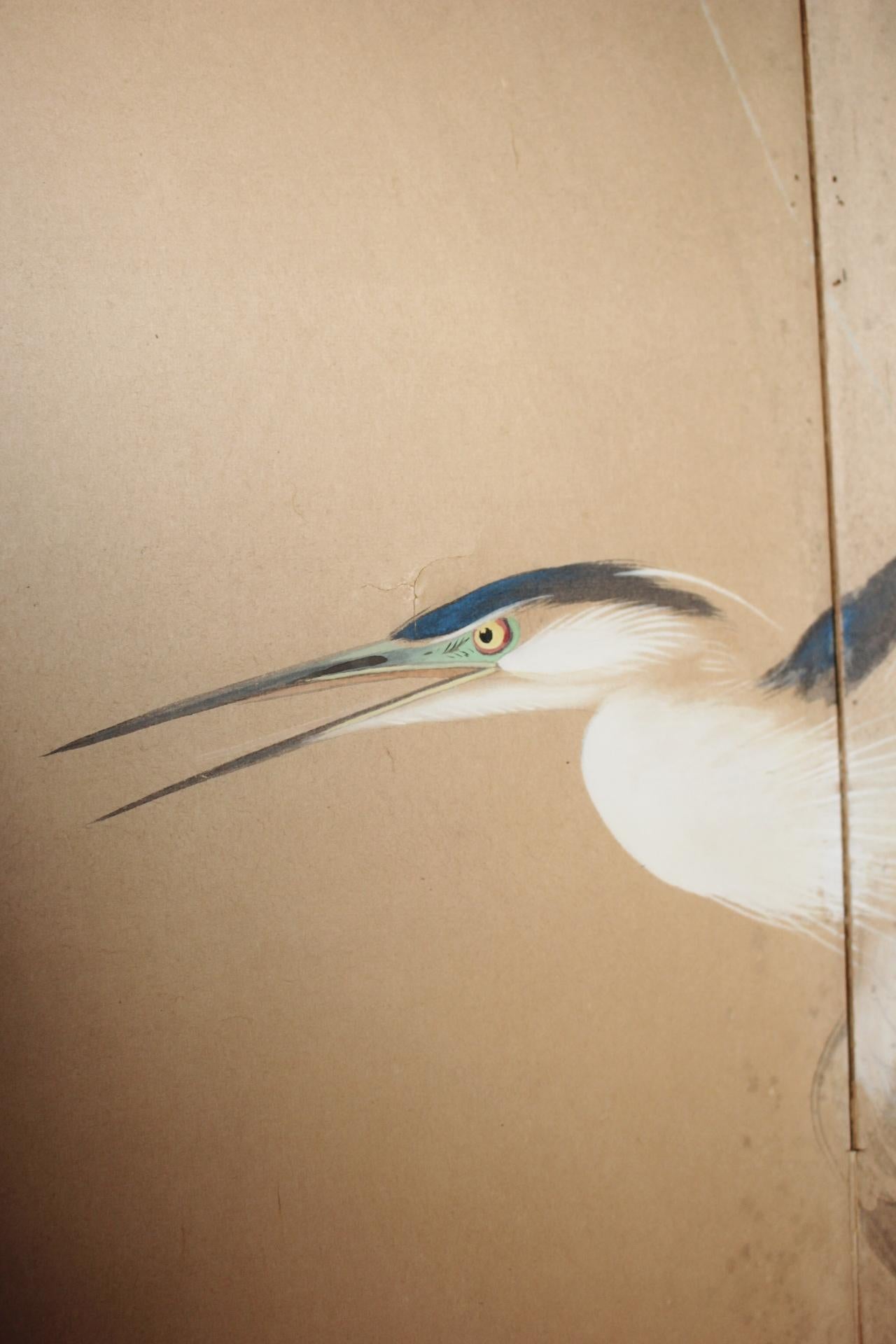 Japanese Antiques 2panels, Heron Folding Screen by Shugo Hotta For Sale 2