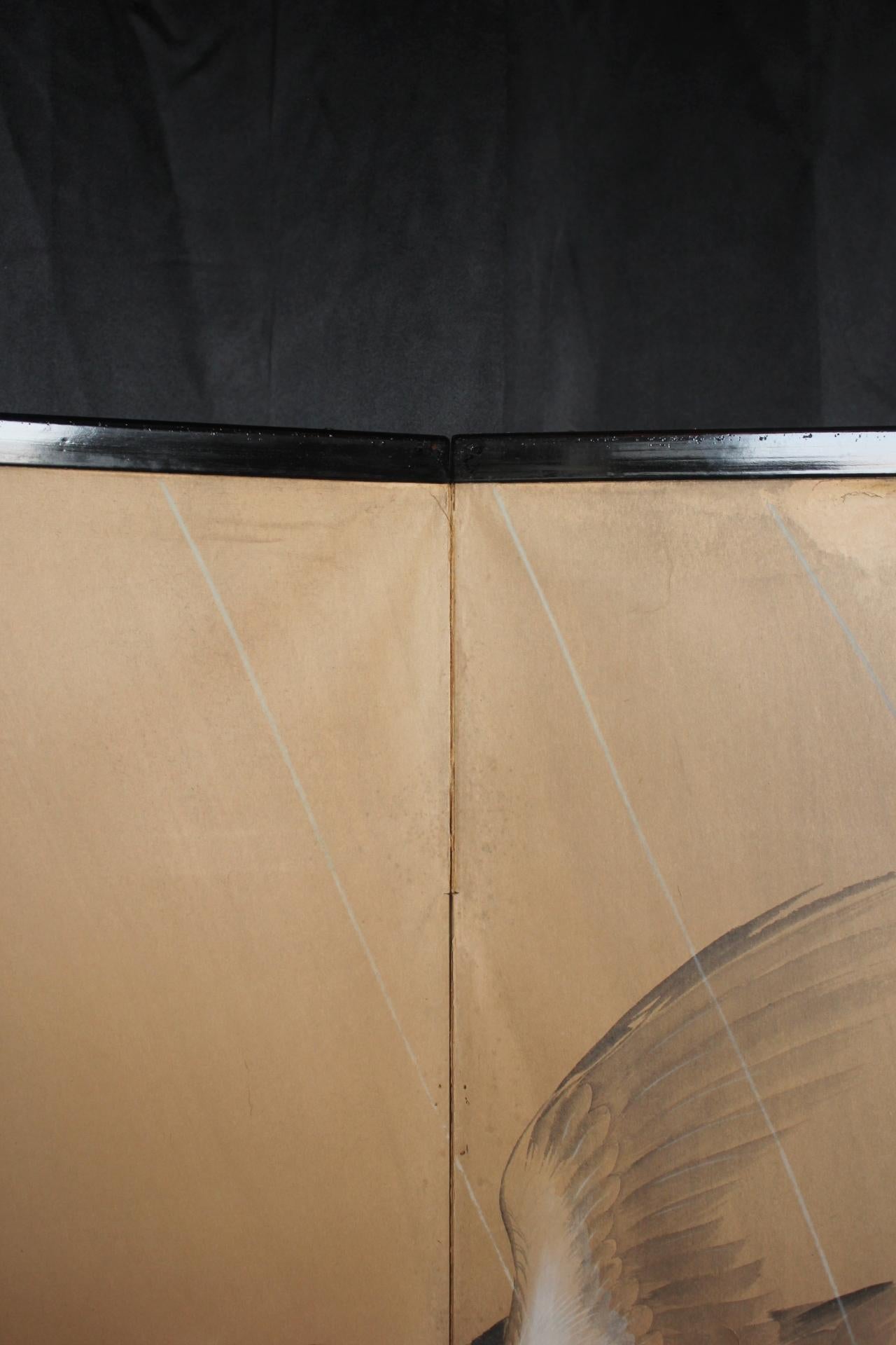Japanese Antiques 2panels, Heron Folding Screen by Shugo Hotta For Sale 8