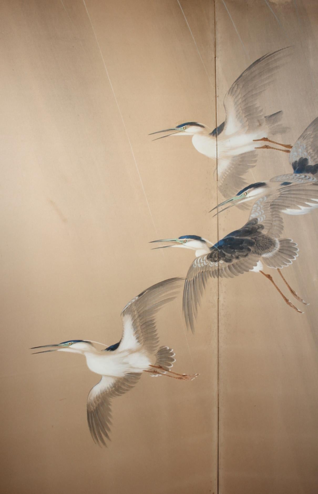 Japanese Antiques 2panels, Heron Folding Screen by Shugo Hotta For Sale 4