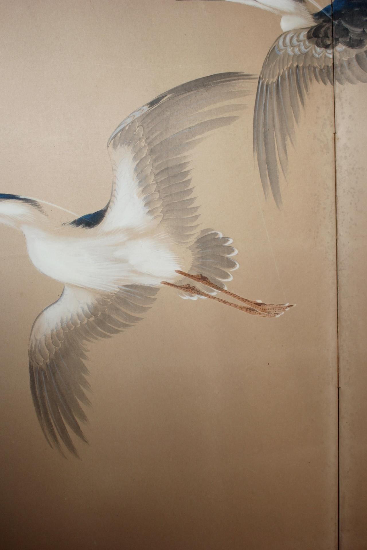Japanese Antiques 2panels, Heron Folding Screen by Shugo Hotta For Sale 5