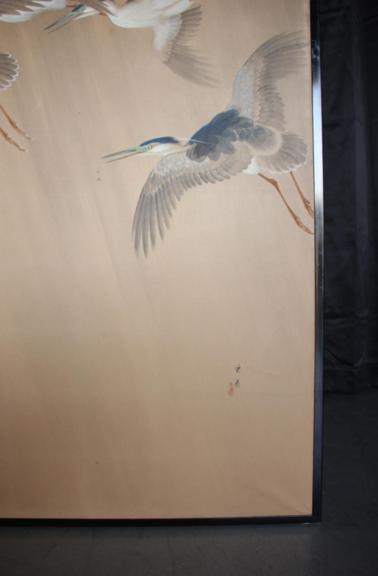 Japanese Antiques 2panels, Heron Folding Screen by Shugo Hotta For Sale 7