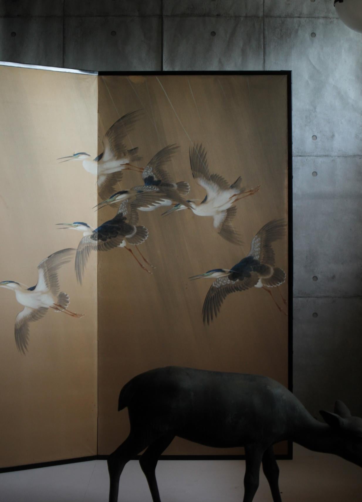 Japanese Antiques 2panels, Heron Folding Screen by Shugo Hotta For Sale 14