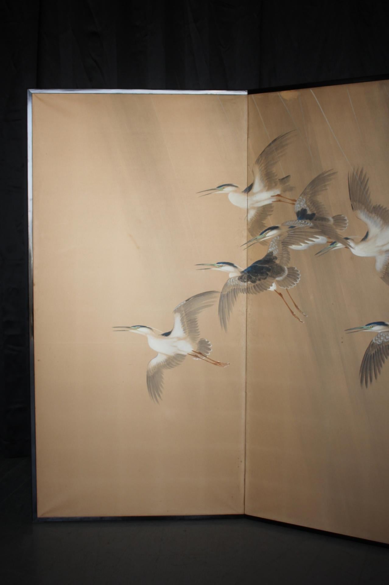 Hand-Painted Japanese Antiques 2panels, Heron Folding Screen by Shugo Hotta For Sale