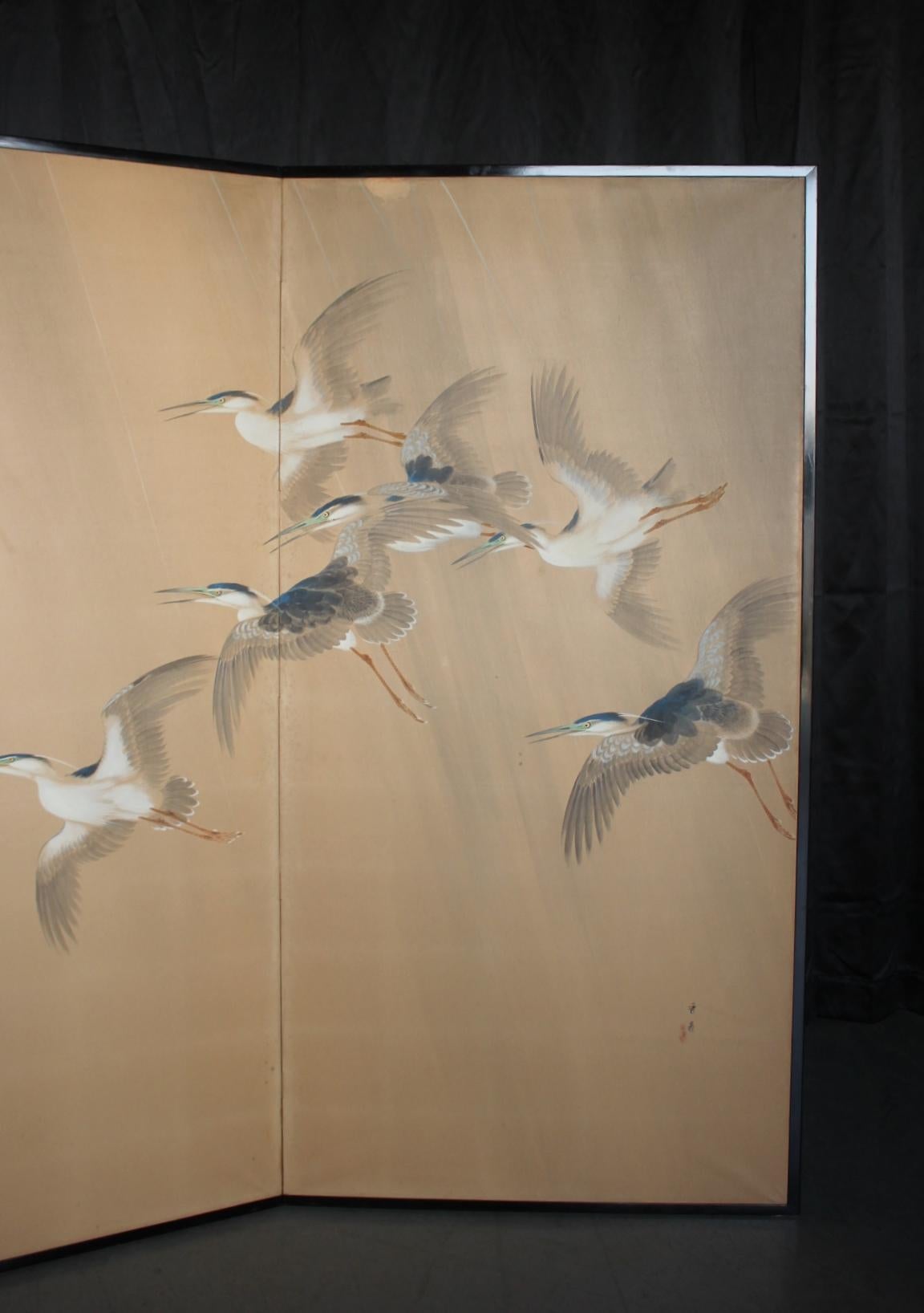 Japanese Antiques 2panels, Heron Folding Screen by Shugo Hotta In Fair Condition For Sale In Niiza, JP