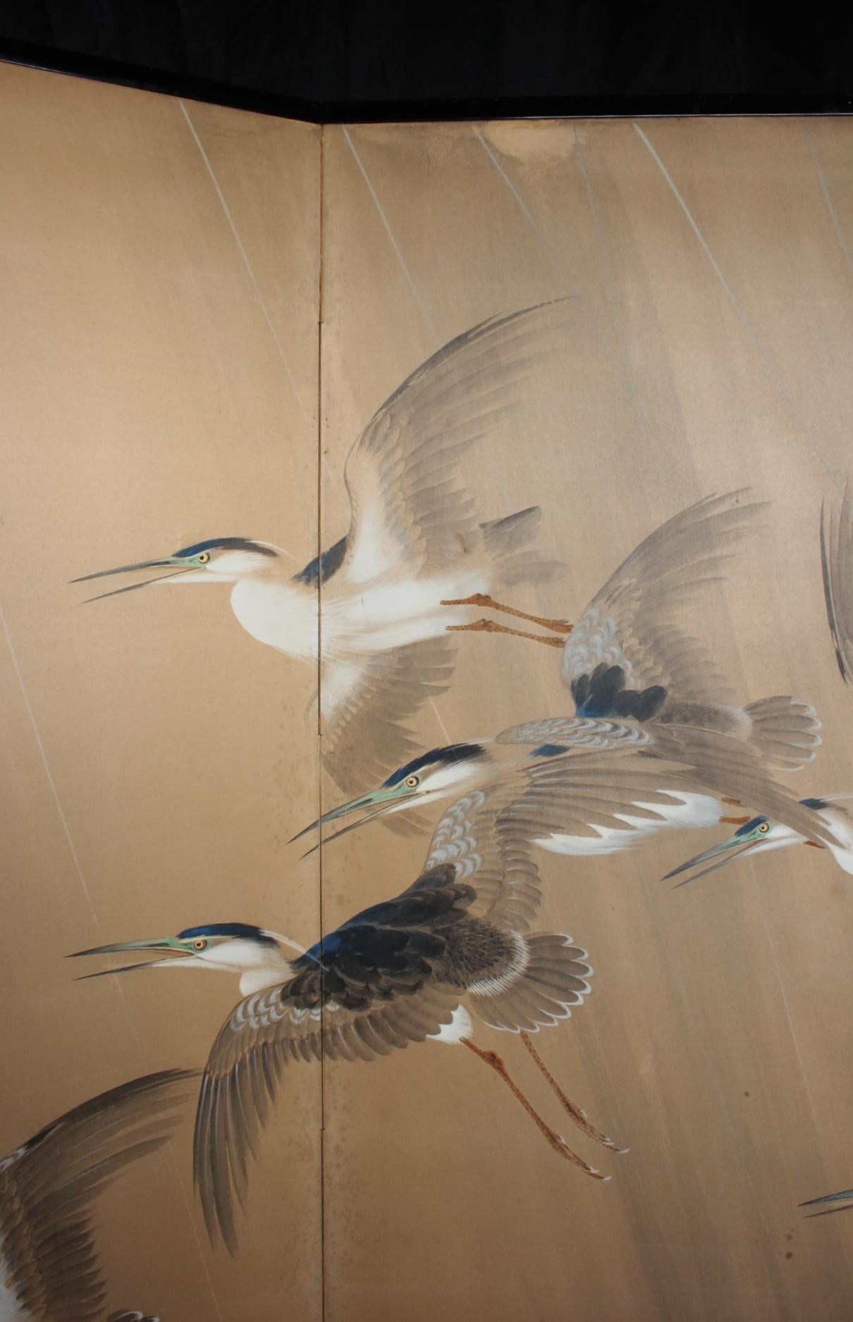 19th Century Japanese Antiques 2panels, Heron Folding Screen by Shugo Hotta For Sale