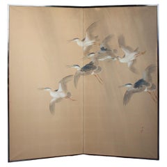 Japanese Antiques 2panels, Heron Folding Screen by Shugo Hotta