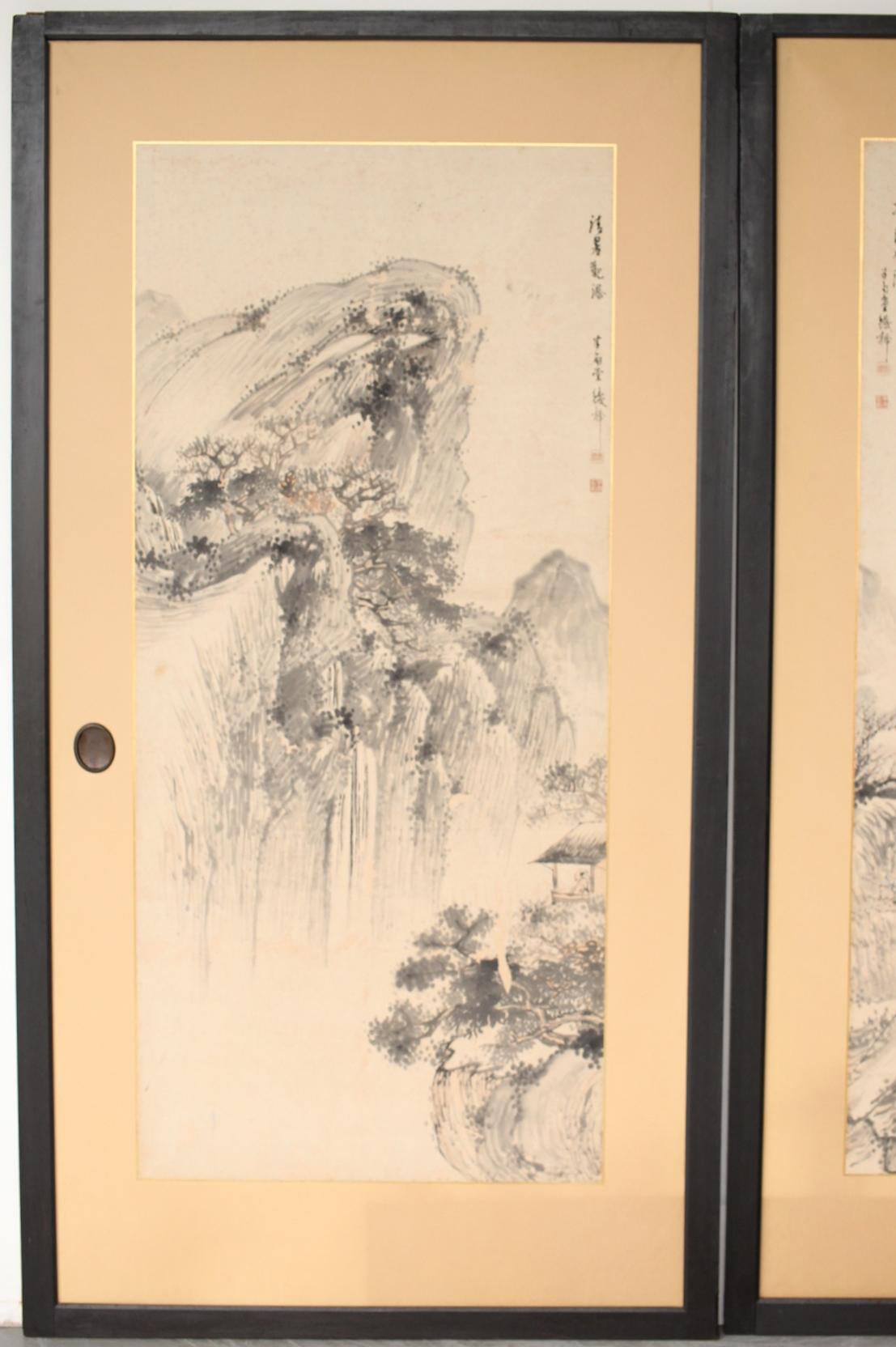 Hand-Painted Japanese Antiques Ink painting of a landscape, paper sliding doors, set of 4 For Sale
