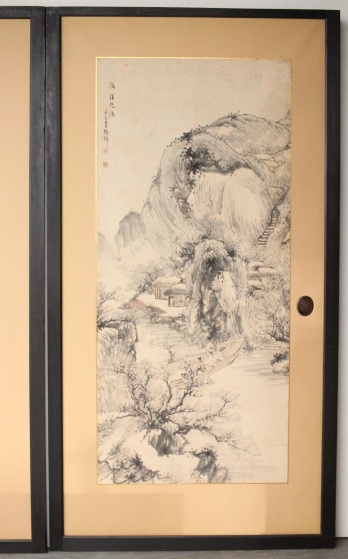 Japanese Antiques Ink painting of a landscape, paper sliding doors, set of 4 In Fair Condition For Sale In Niiza, JP