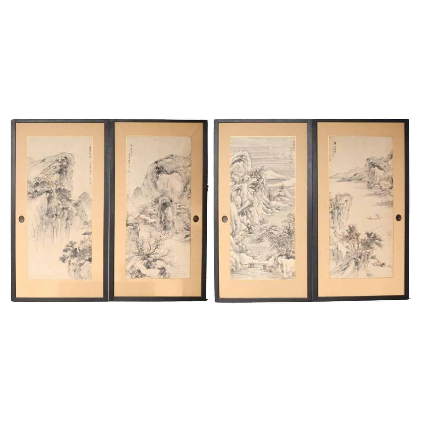 Japanese Antiques Ink painting of a landscape, paper sliding doors, set of 4