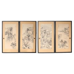Japanese Antiques Ink painting of a landscape, paper sliding doors, set of 4