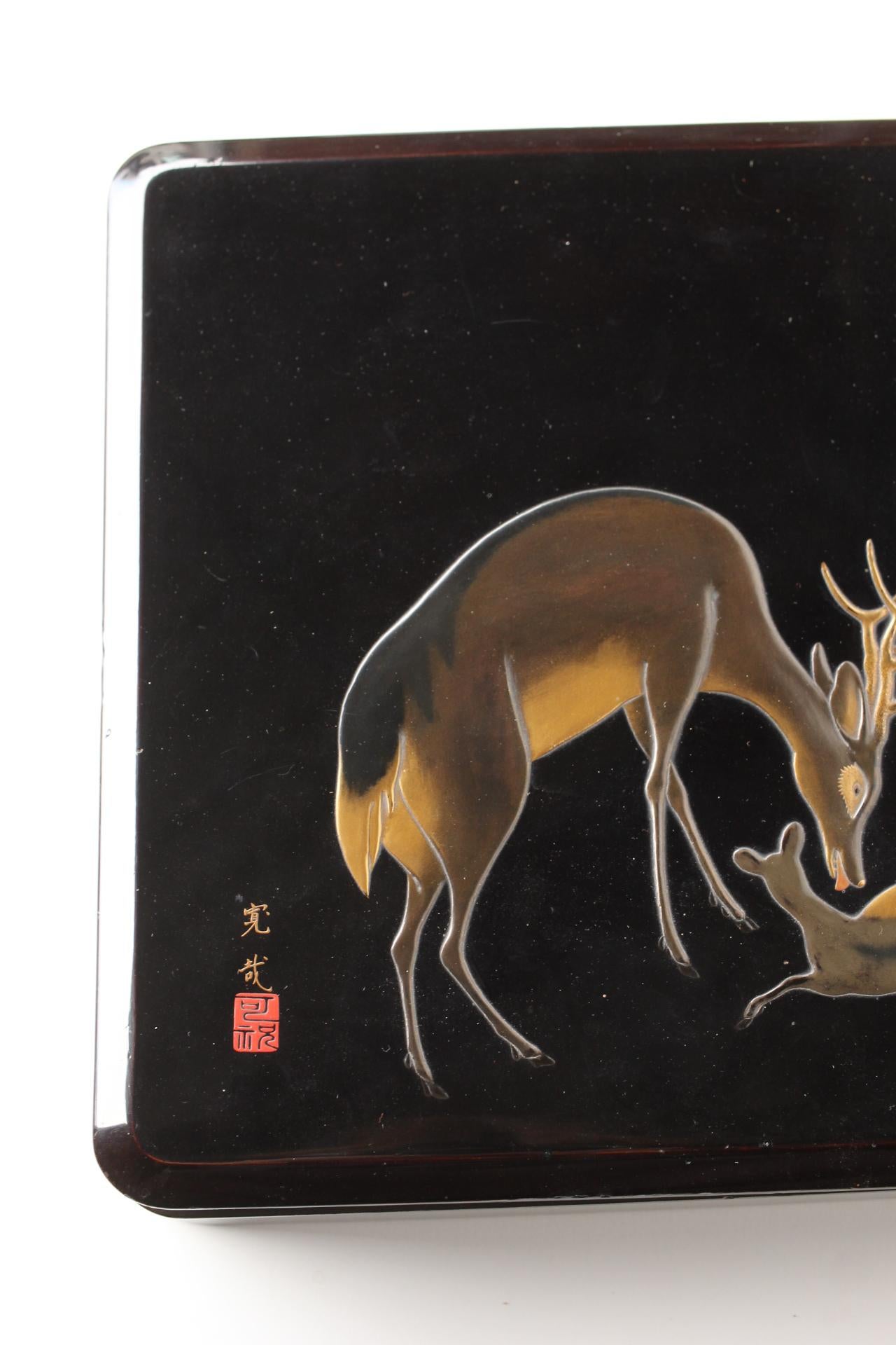 Hand-Painted Japanese Antiques Inkstone box with Kasuga Deer Mandala Maki-e by Kan-sai For Sale