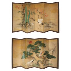 Antiquités japonaises Crane School Set of 2, six-panel folding screen, crane&pheasant