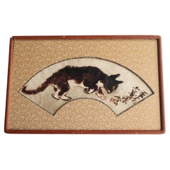 Japanese Antiques Nakajima Kaho, lacquer painting, cat, Folding fan-shaped frame