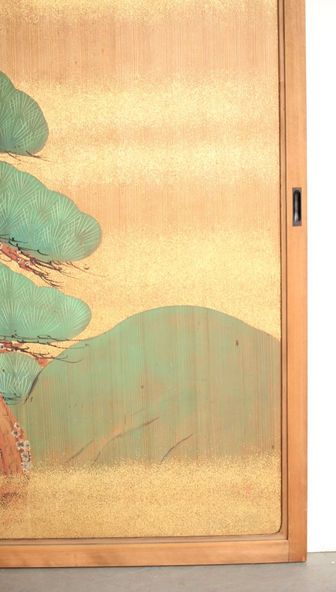 Wood Japanese Antiques Pine Trees, Panel Painting/Sliding Door Painting, 2 Pieces set For Sale