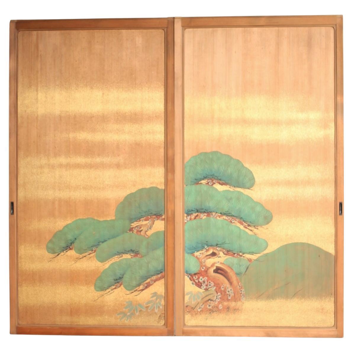 Japanese Antiques Pine Trees, Panel Painting/Sliding Door Painting, 2 Pieces set For Sale