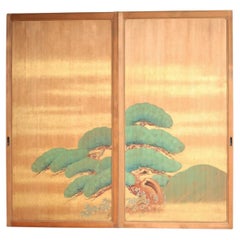 Japanese Antiques Pine Trees, Panel Painting/Sliding Door Painting, 2 Pieces set