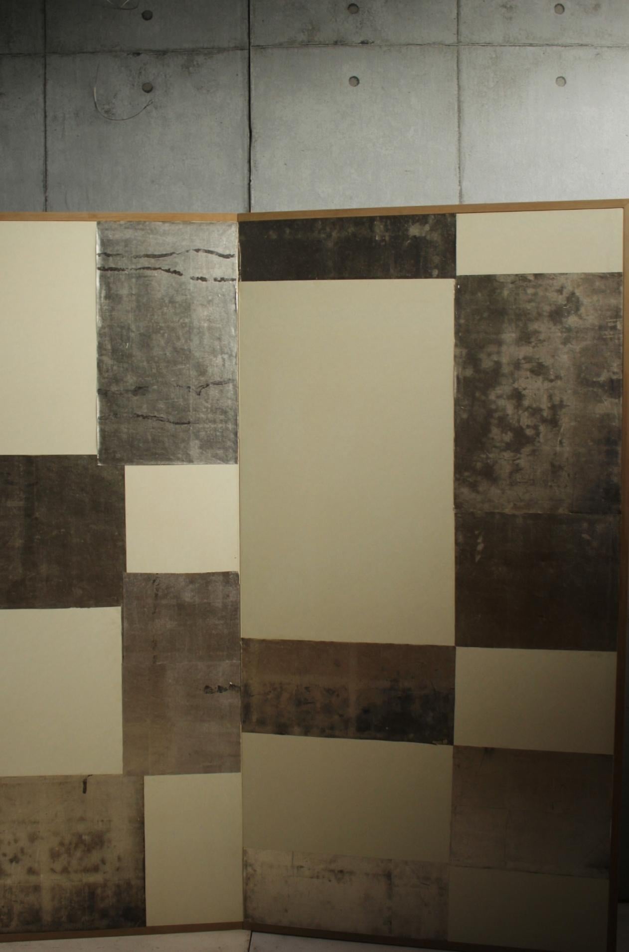 Hand-Crafted Old Japanese Plain and silver Classic&modern checkered 2panel folding screen