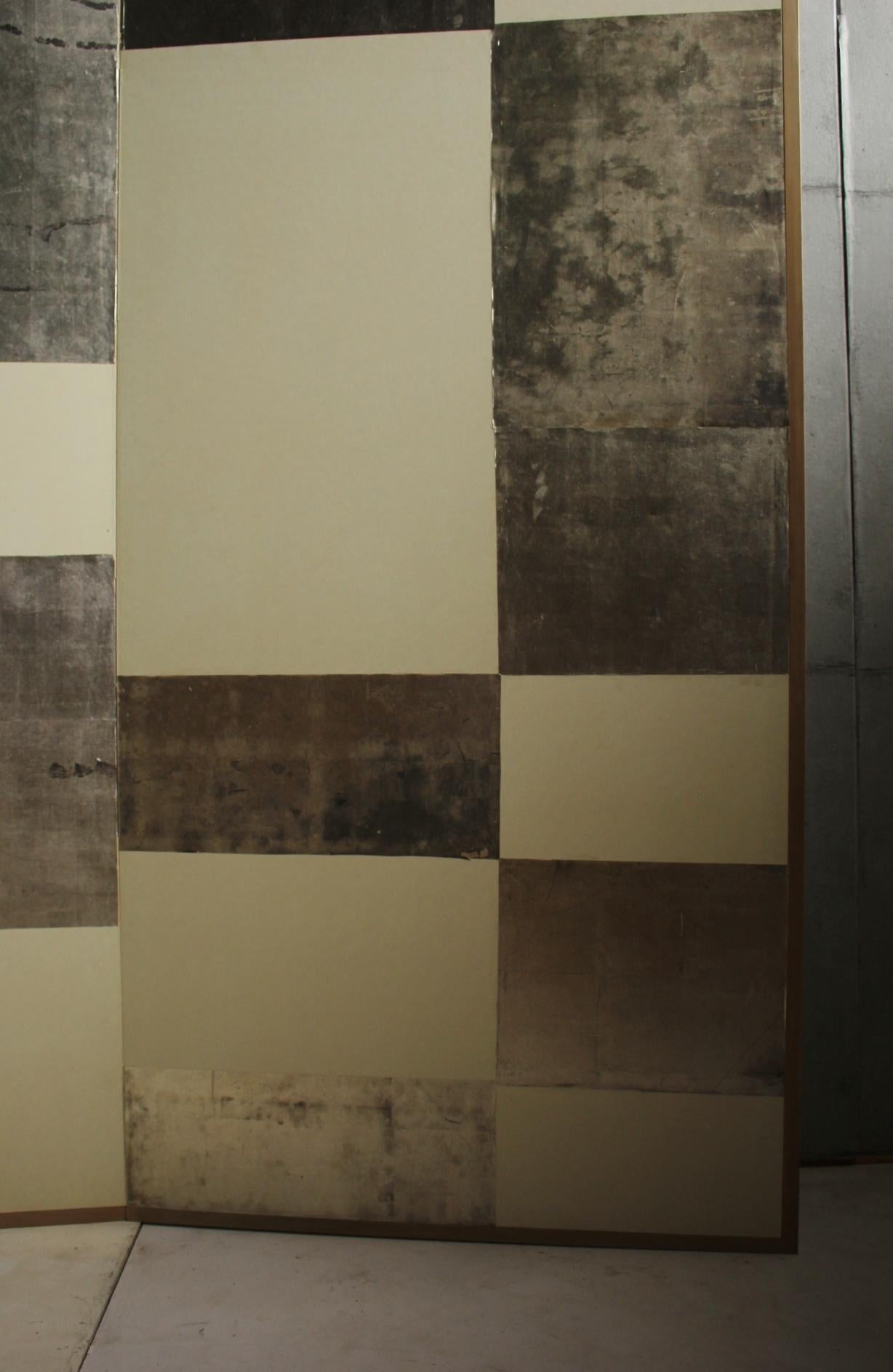 Old Japanese Plain and silver Classic&modern checkered 2panel folding screen In Good Condition In Niiza, JP