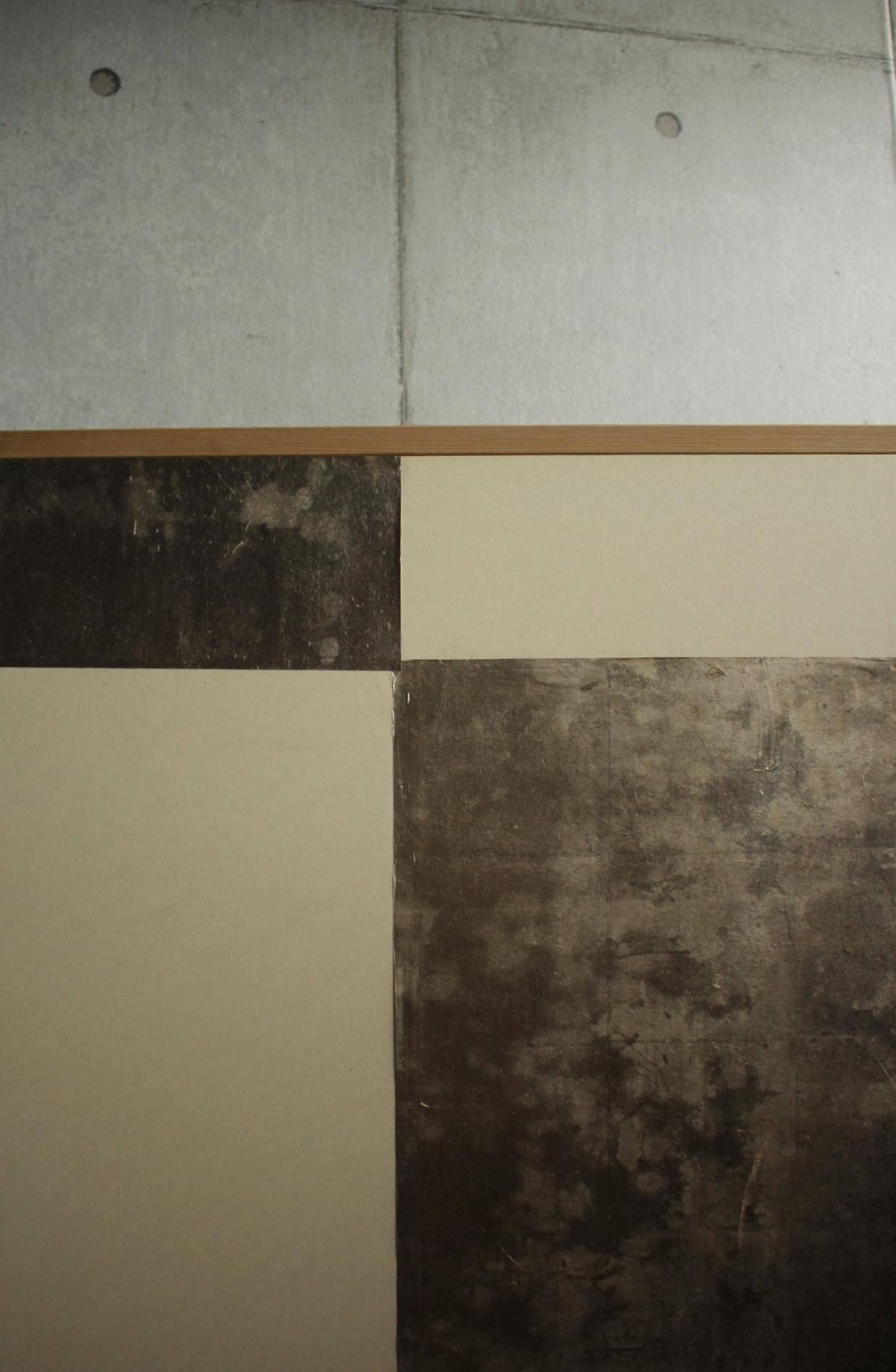 20th Century Old Japanese Plain and silver Classic&modern checkered 2panel folding screen