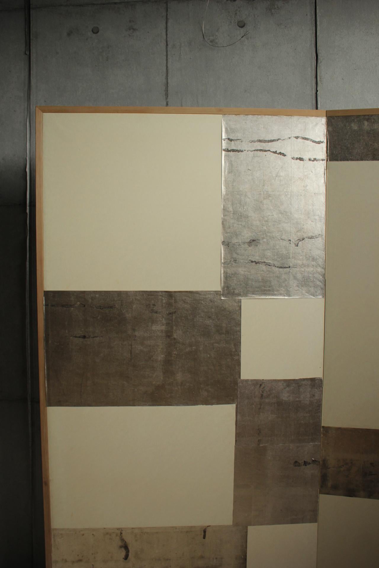 Old Japanese Plain and silver Classic&modern checkered 2panel folding screen 1