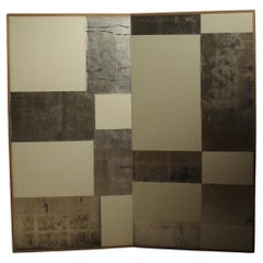 Old Japanese Plain and silver Classic&modern checkered 2panel folding screen