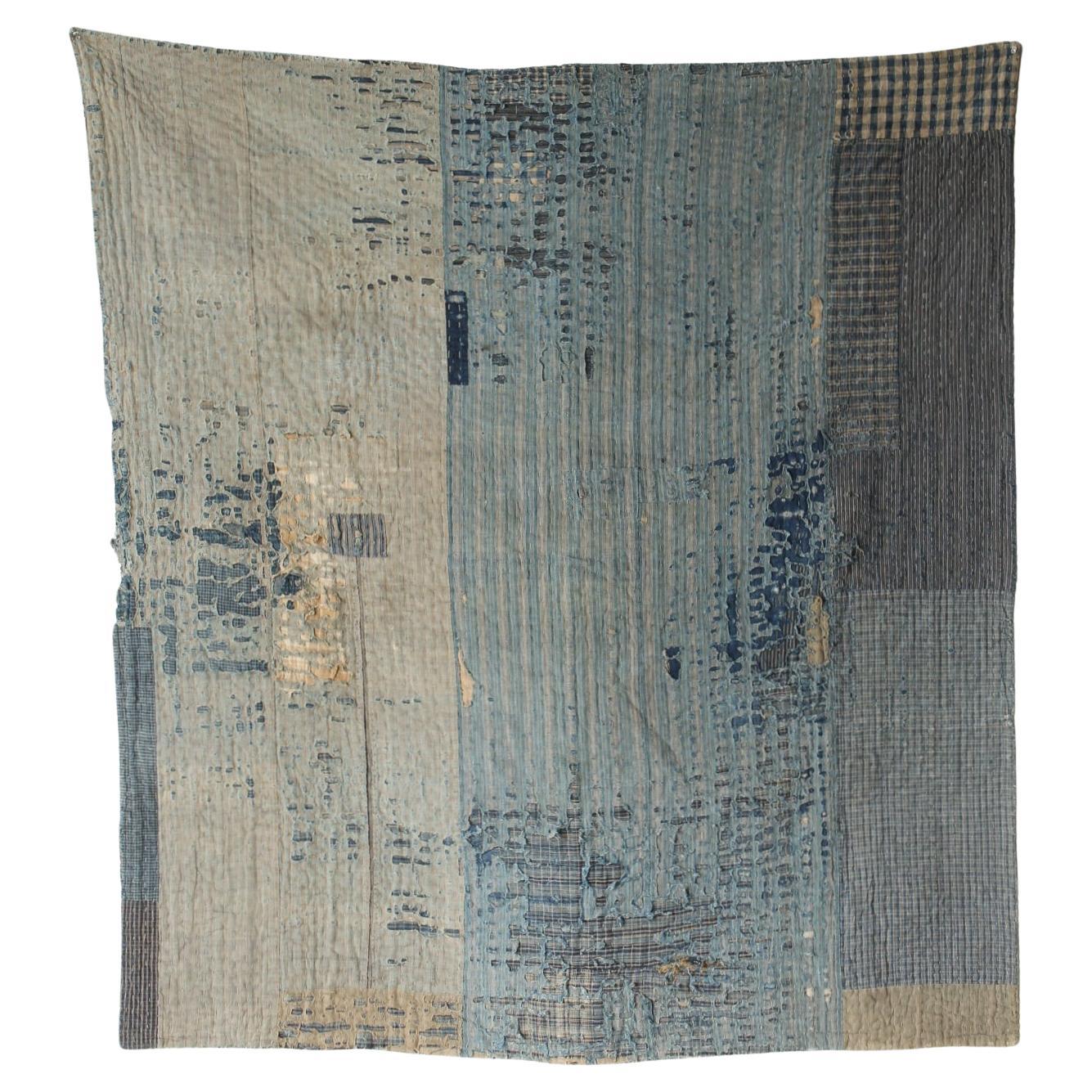 Japanische Antiquitäten Primitive Kunst BORO Indigofarben gefärbter Sashiko alter Stoff, Sashiko