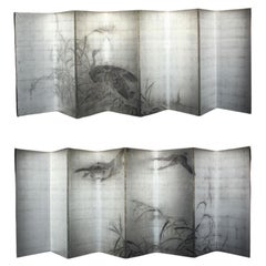 Japanese Antiques, Reeds and geese, silver folding screens set, ink, by Shoko