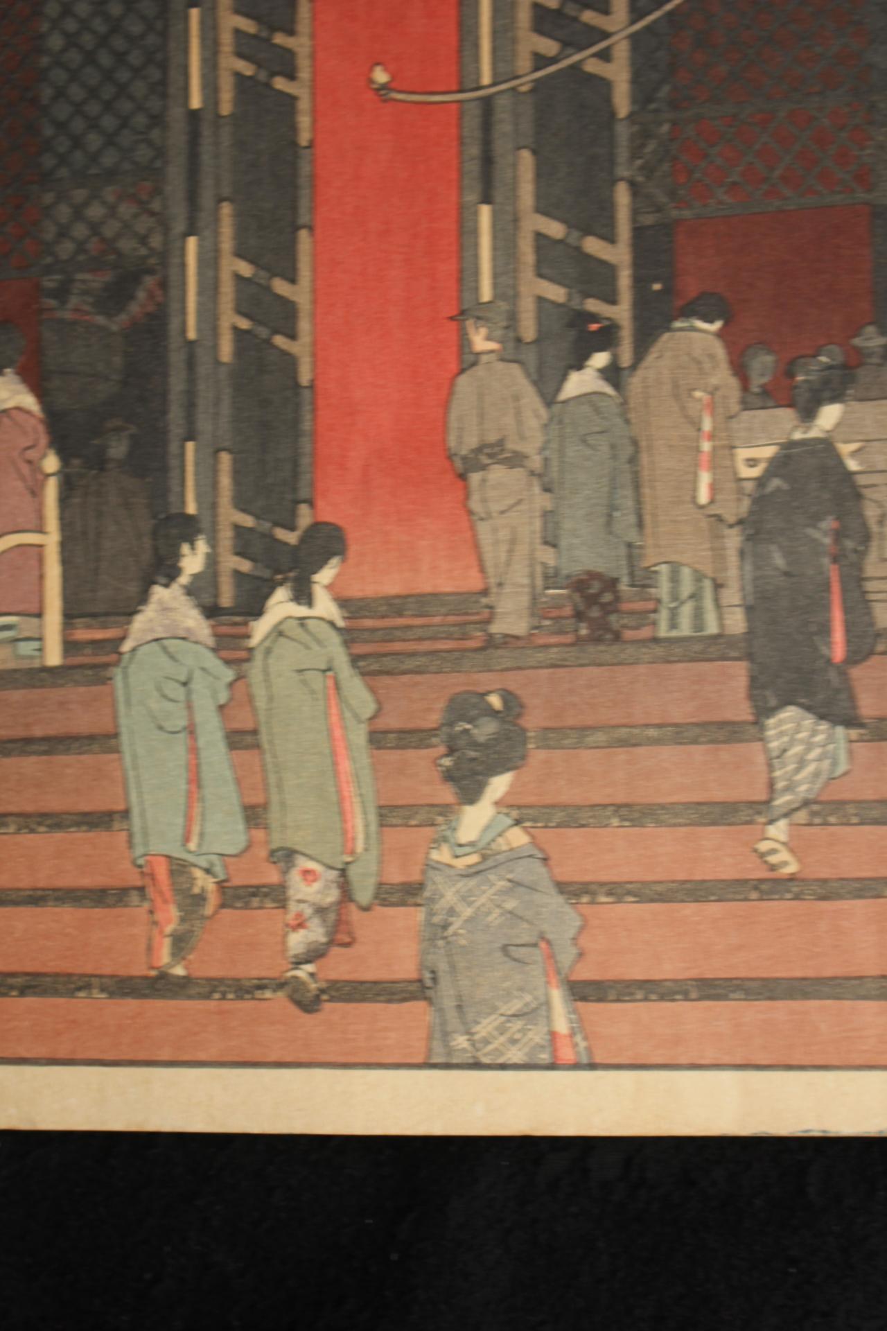Japanese Antiques Shiro Kasamatsu. Large lantern of Asakusa Kannon-do. Woodblock For Sale 2