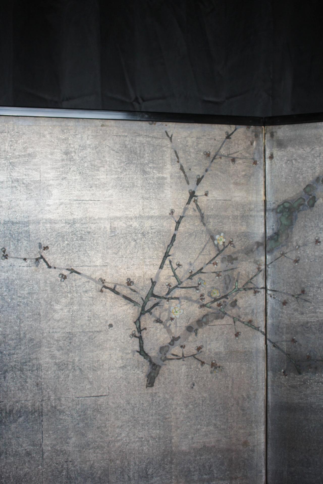 Hand-Painted Japanese Antiques Silver folding screen, 2-panel set, bamboo, and plum For Sale