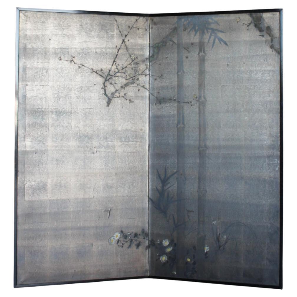 Japanese Antiques Silver folding screen, 2-panel set, bamboo, and plum For Sale