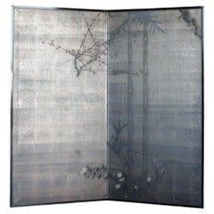 Japanese Antiques Silver folding screen, 2-panel set, bamboo, and plum