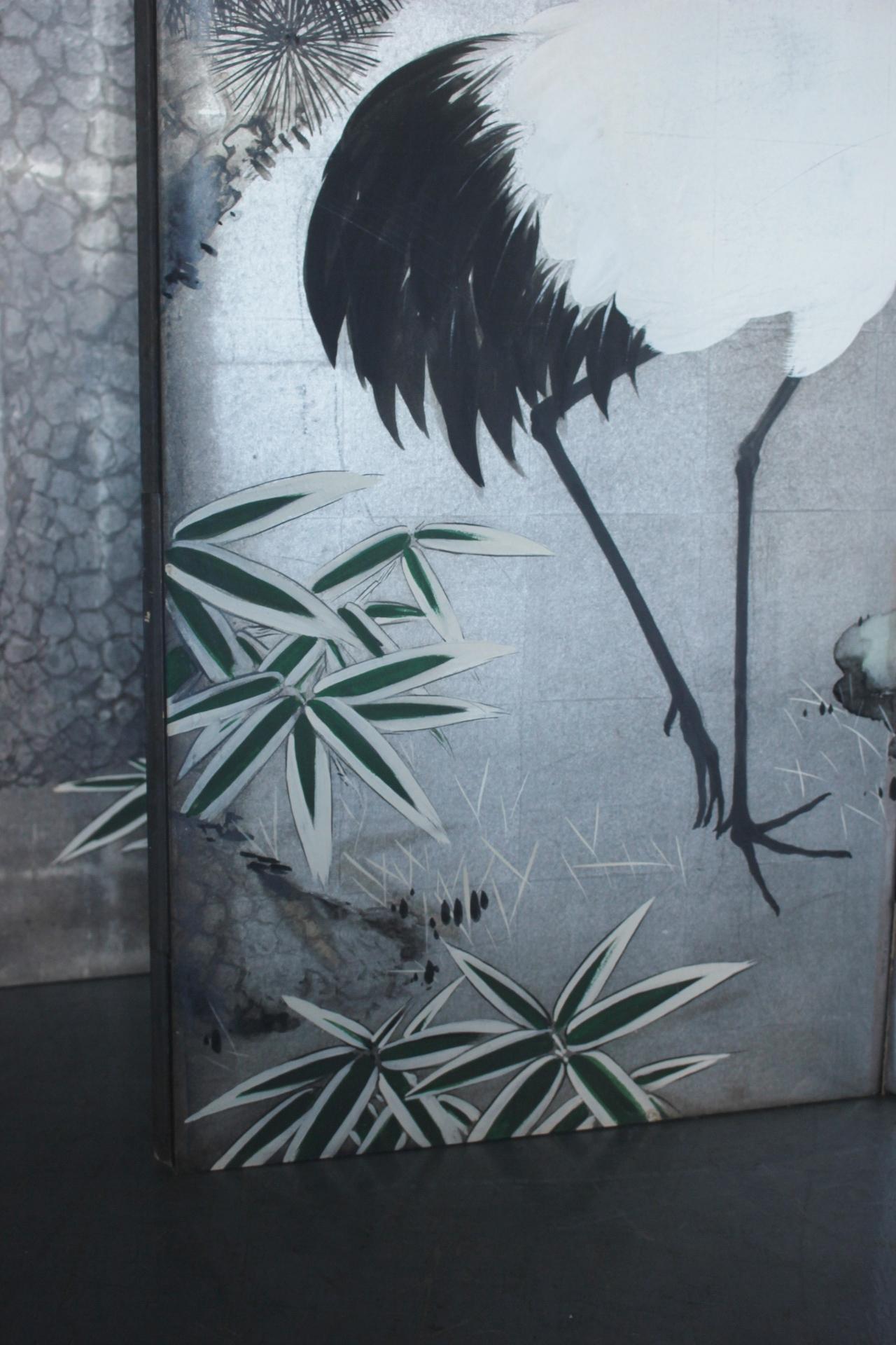 Japanese Antiques Silver folding screen, 6-panel , cranes and pine For Sale 4