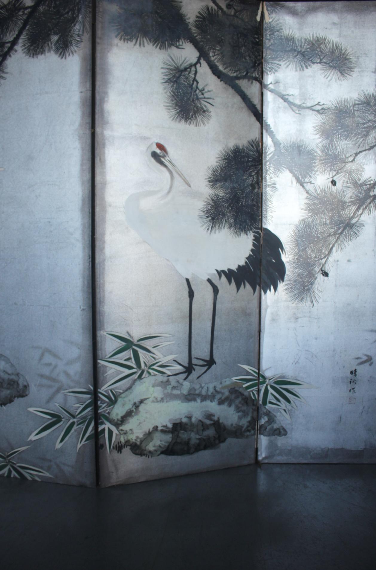 Japanese Antiques Silver folding screen, 6-panel , cranes and pine For Sale 5