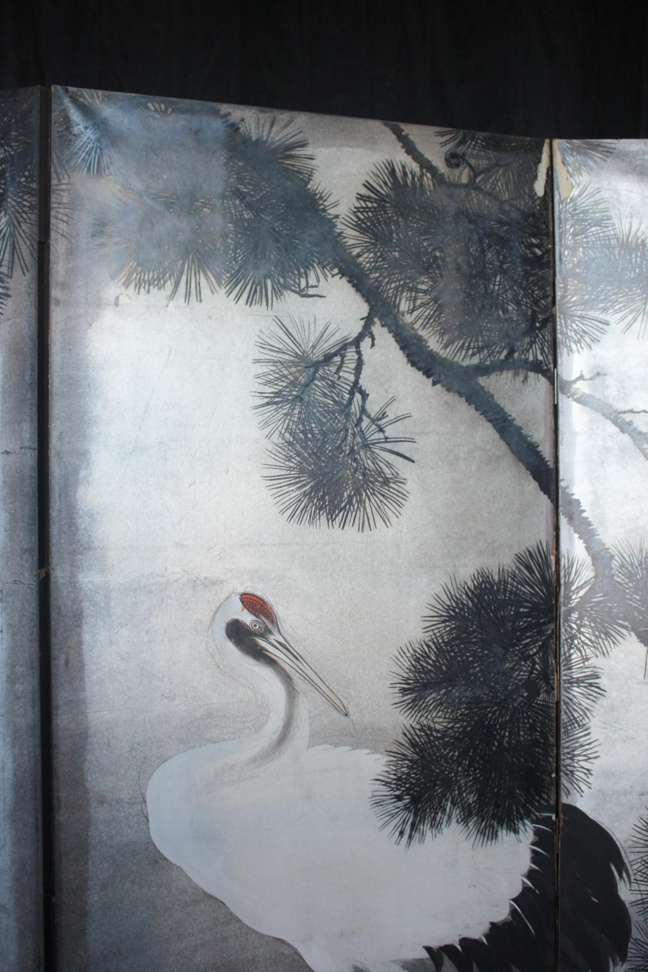 Japanese Antiques Silver folding screen, 6-panel , cranes and pine For Sale 6
