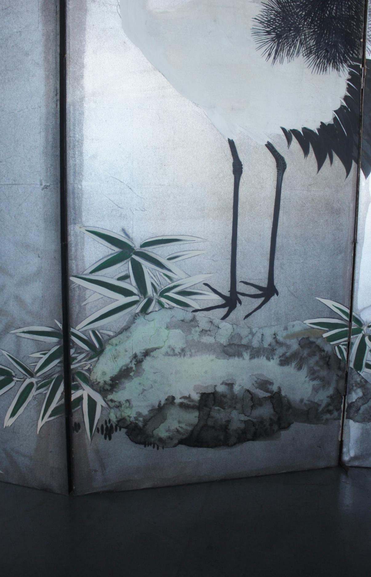 Japanese Antiques Silver folding screen, 6-panel , cranes and pine For Sale 7