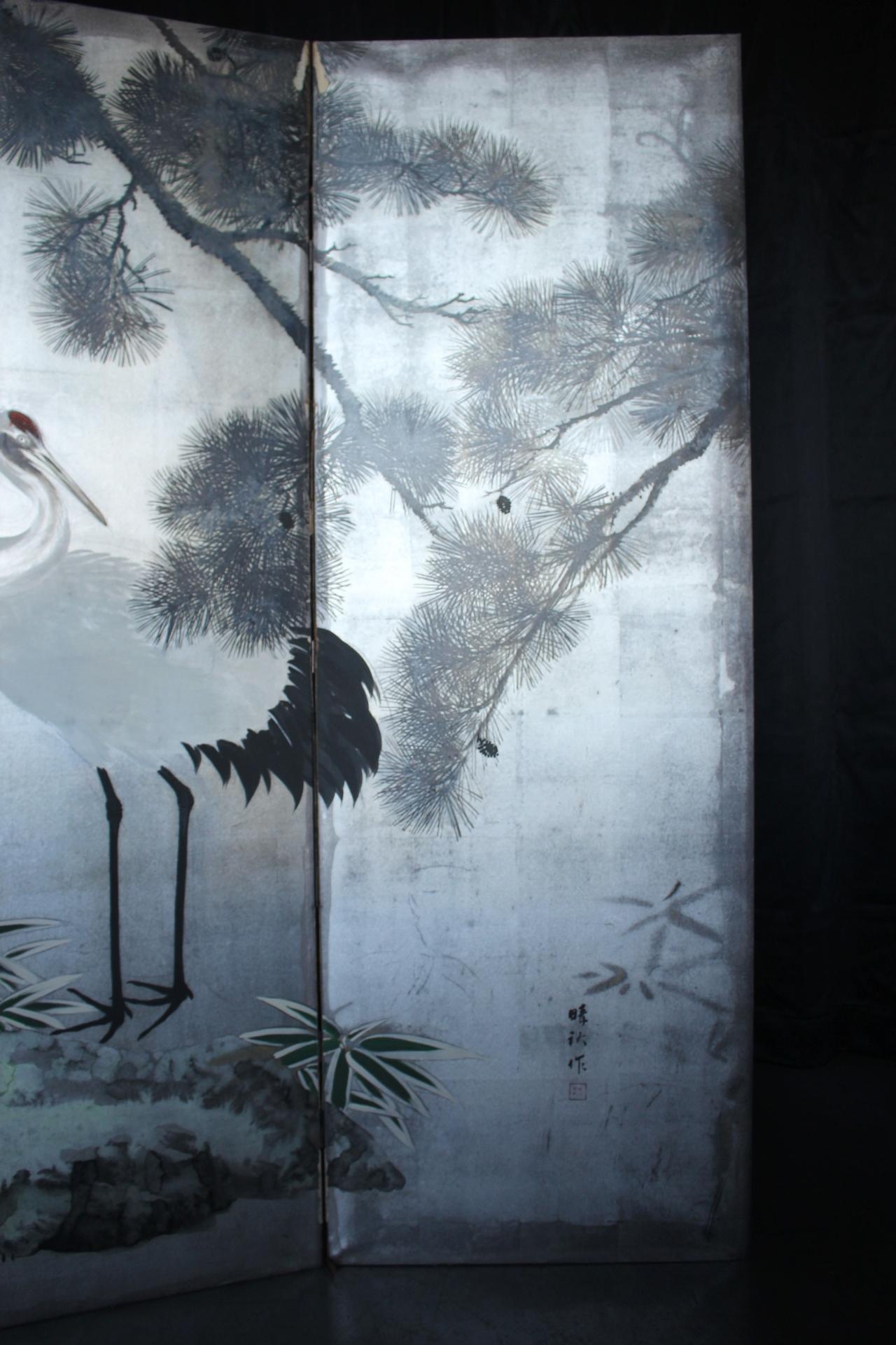 Japanese Antiques Silver folding screen, 6-panel , cranes and pine For Sale 8