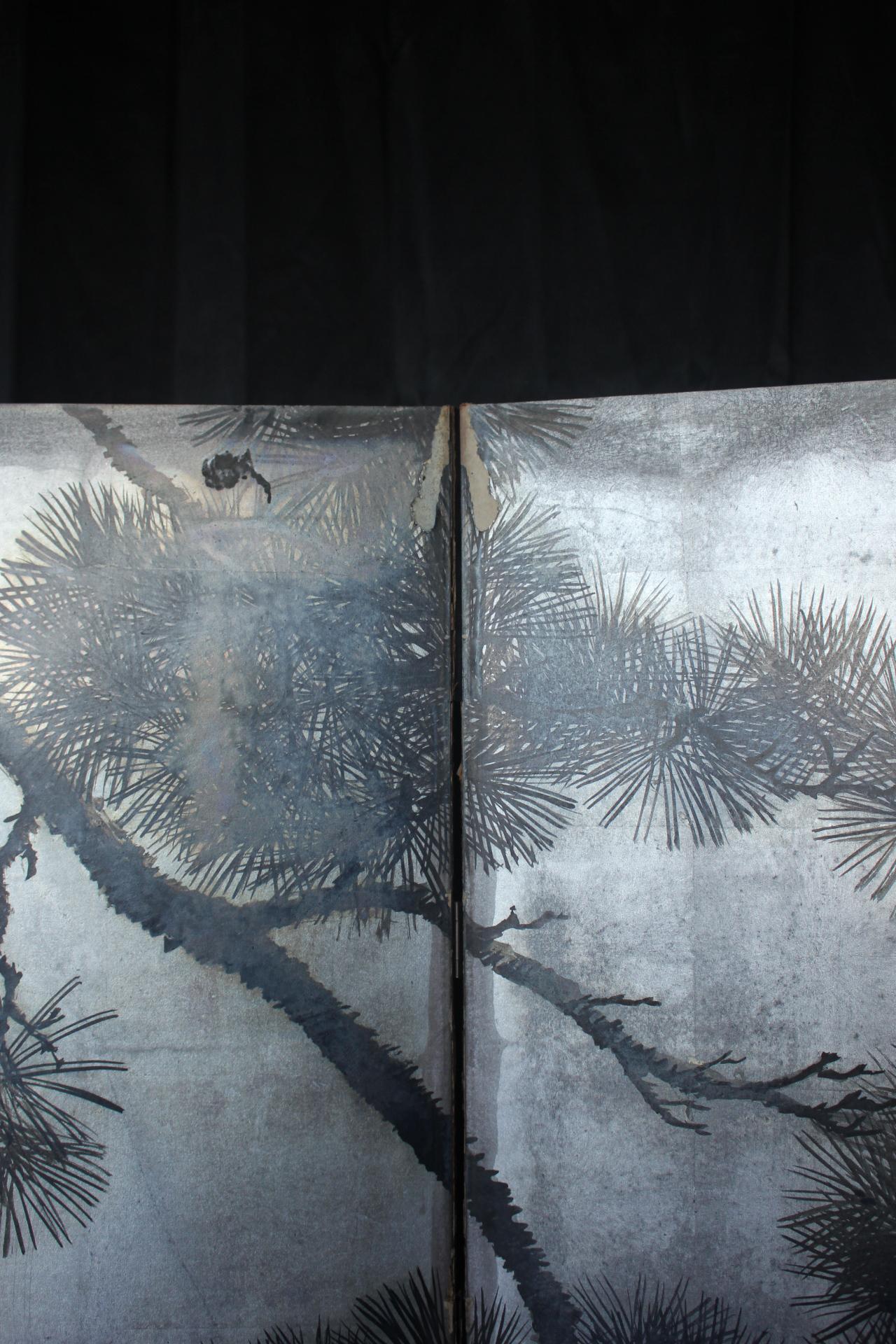Japanese Antiques Silver folding screen, 6-panel , cranes and pine For Sale 9