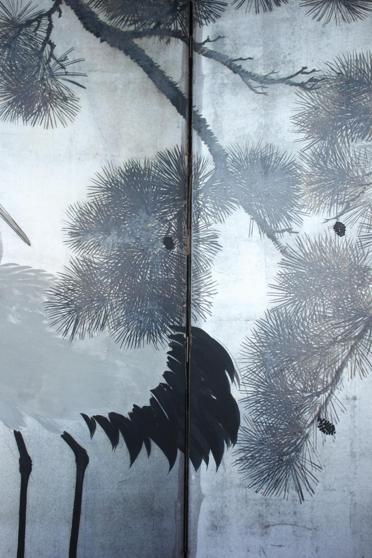 Japanese Antiques Silver folding screen, 6-panel , cranes and pine For Sale 10