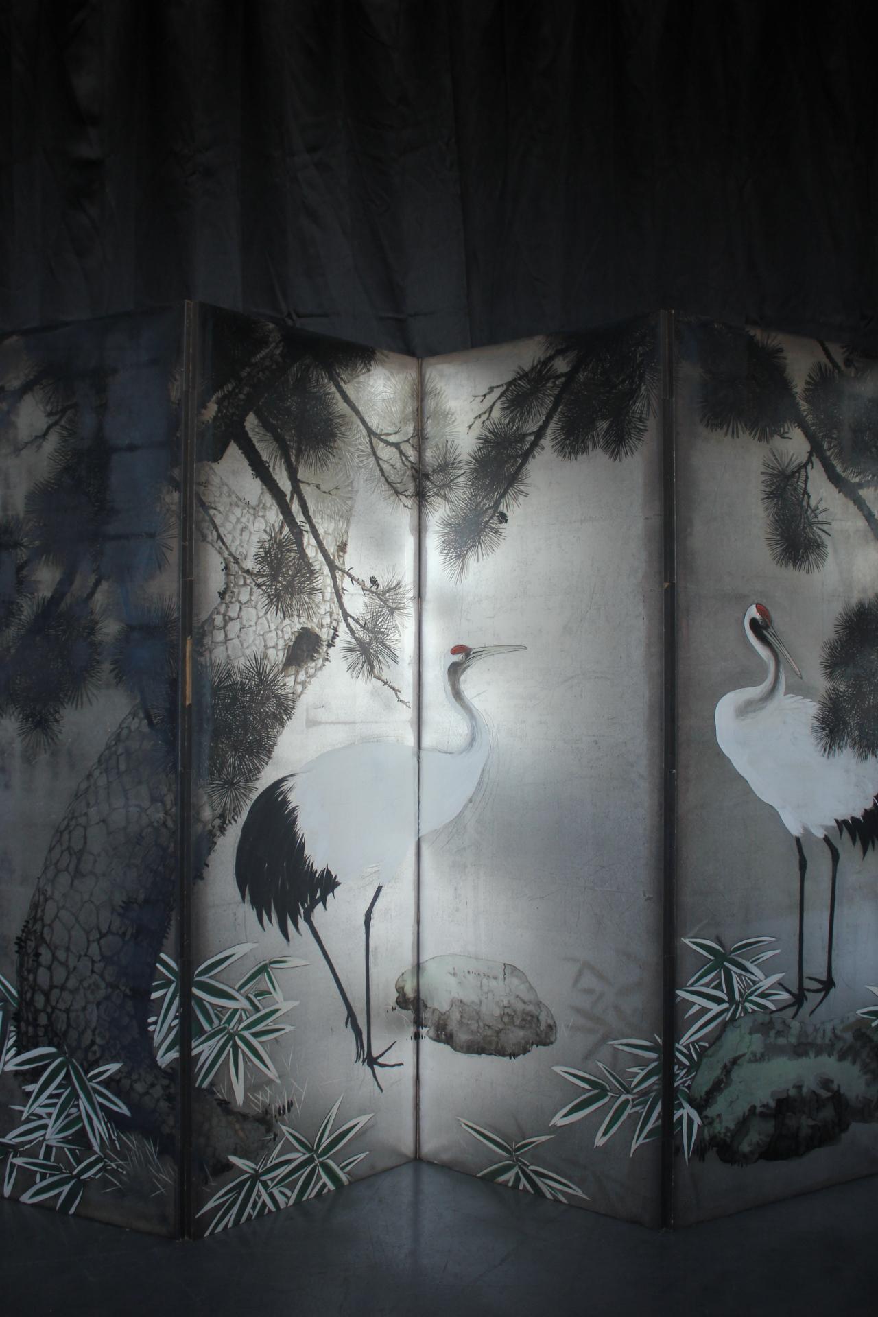 Hand-Painted Japanese Antiques Silver folding screen, 6-panel , cranes and pine For Sale