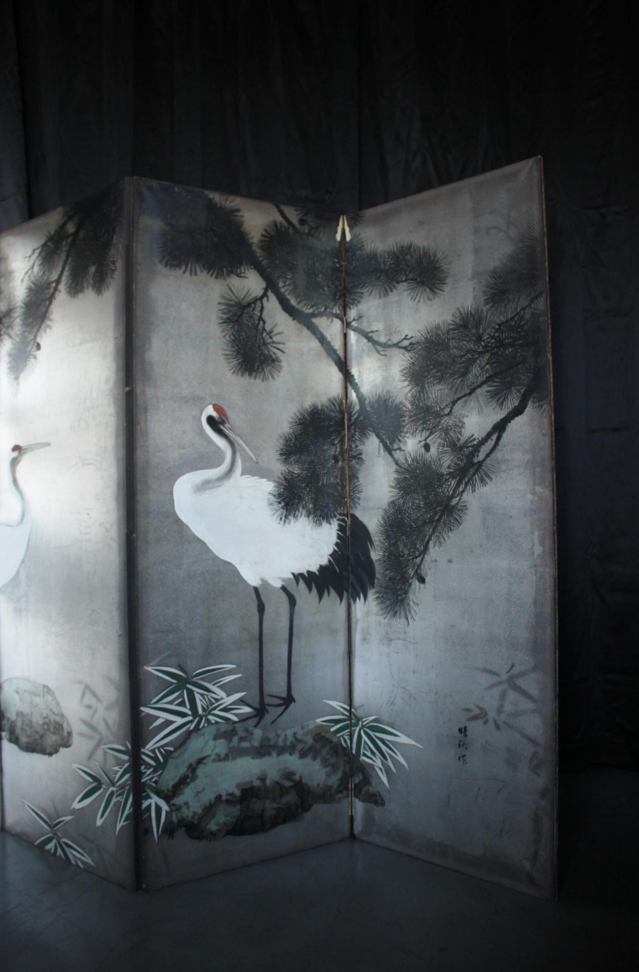 Japanese Antiques Silver folding screen, 6-panel , cranes and pine In Distressed Condition For Sale In Niiza, JP