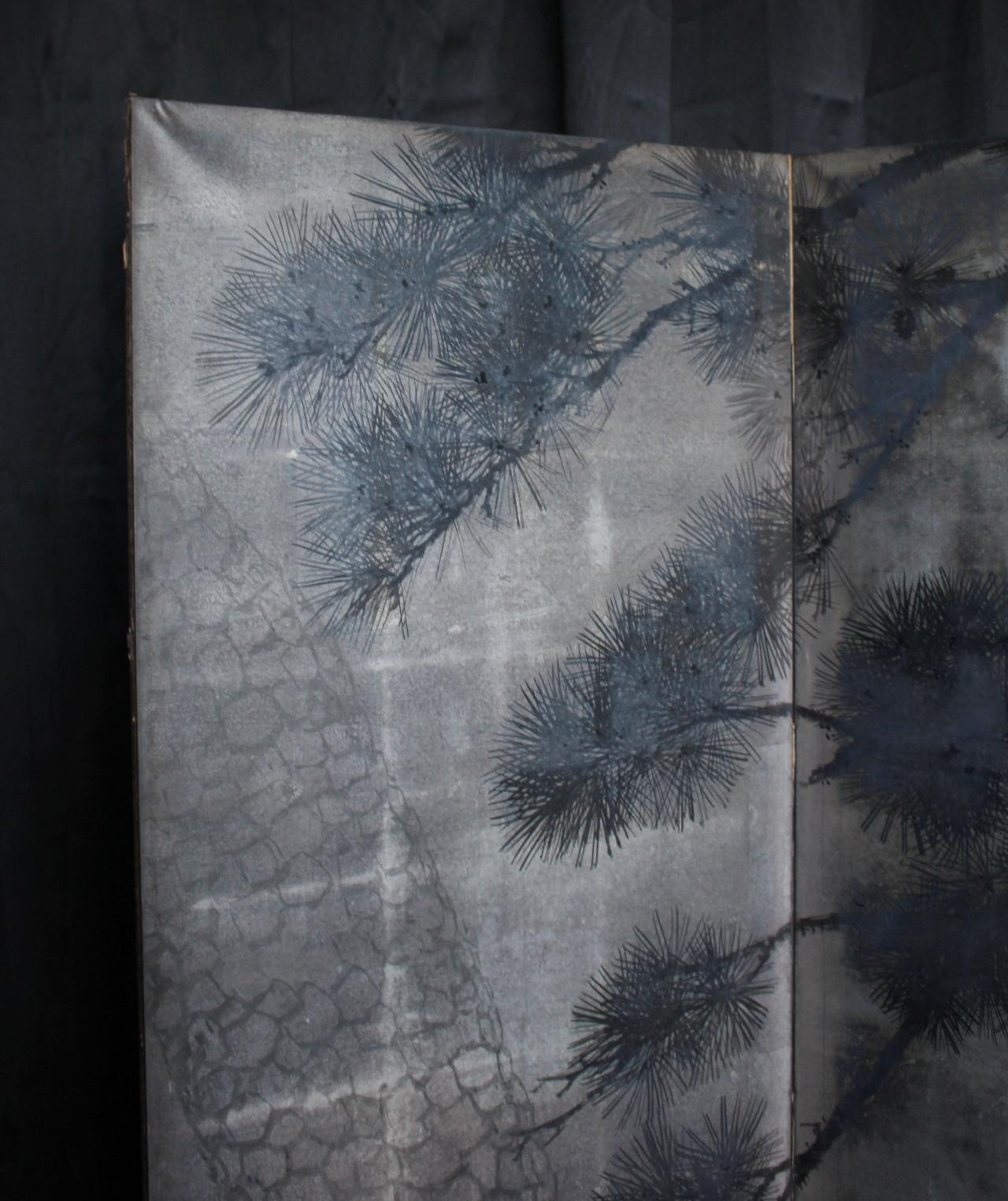 20th Century Japanese Antiques Silver folding screen, 6-panel , cranes and pine For Sale