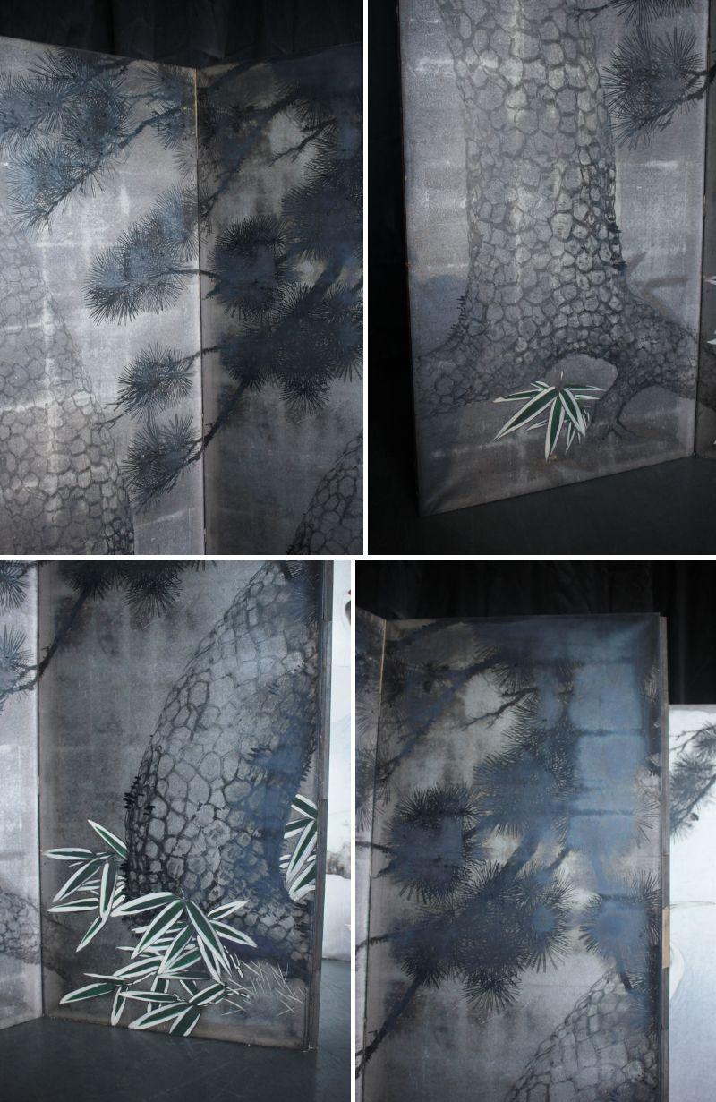 Japanese Antiques Silver folding screen, 6-panel , cranes and pine For Sale 2