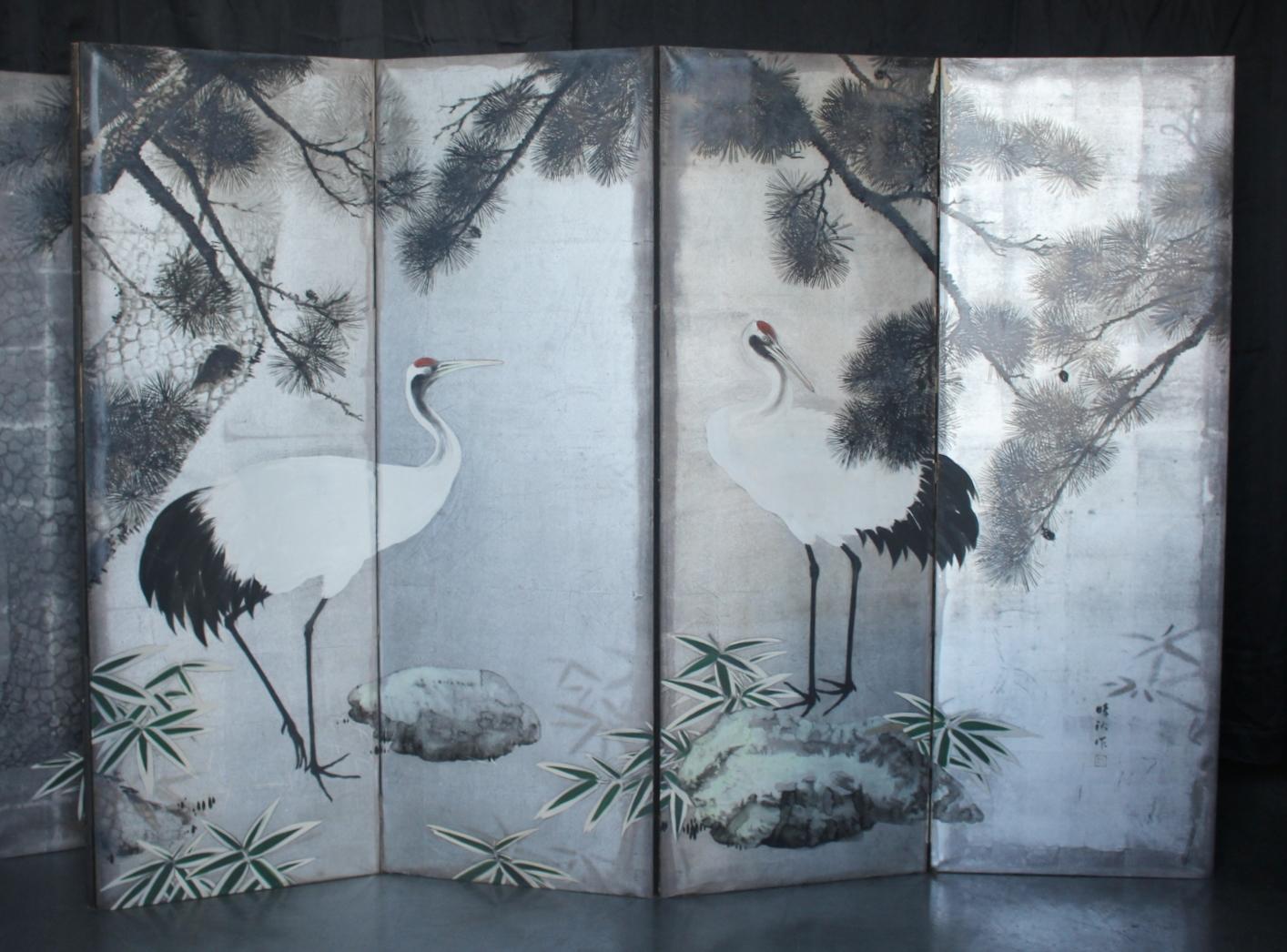 Japanese Antiques Silver folding screen, 6-panel , cranes and pine For Sale 3